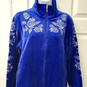 Beautiful NEW blue velour track suit with silver embroidery